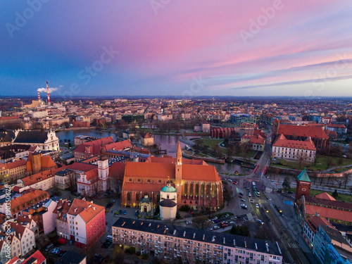 Aerial: Cathedral of St. Vincent and St. James in Wrocław at dawn