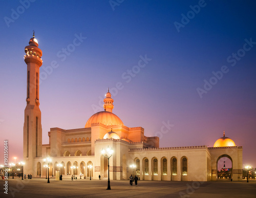 Exterior of Al Fateh grand mosque in evening.  Manama, Bahrain photo