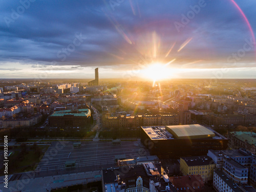 Aerial: Dark tower of Wroclaw at sunset