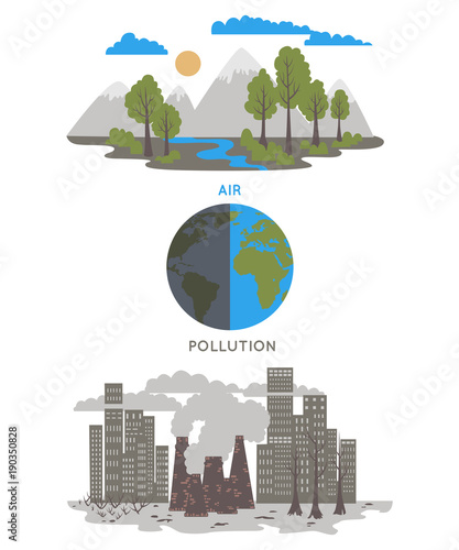 Air pollution. Ecology problem concept. Factories pollute the environment. Vector illustration