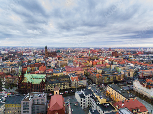 Aerial: Old town of Wroclaw at sunset