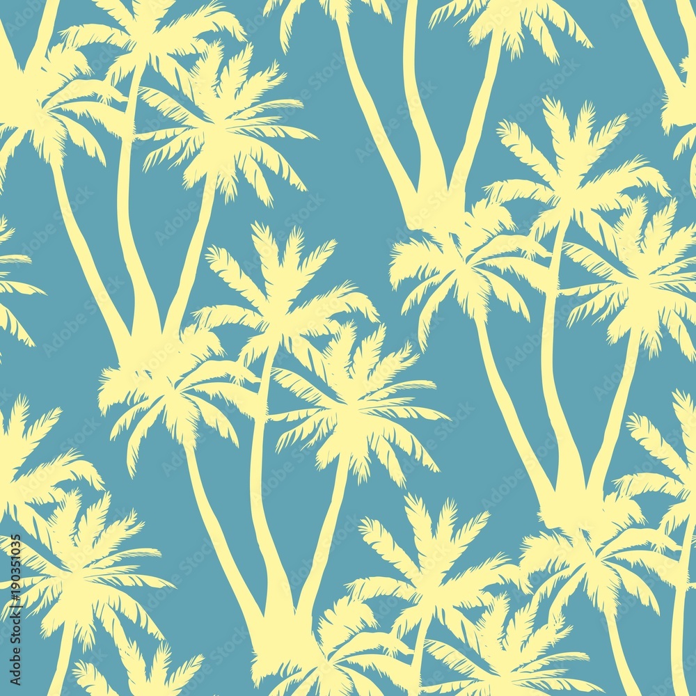 Seamless tropical palms pattern. Summer endless hand drawn vector background of palm trees can be used for wallpaper, wrapping paper, textile printing.Vector illlustration.