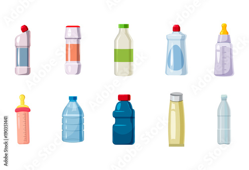 Plastic bottle icon set, cartoon style
