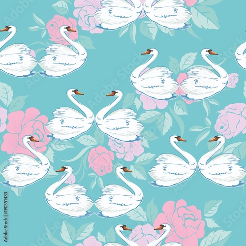 Seamless pattern with white swans. Vector.