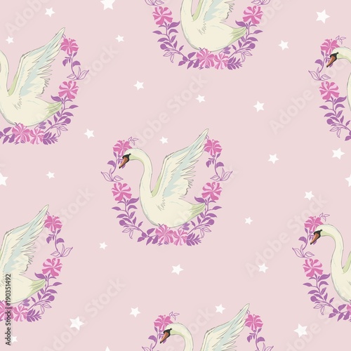 Seamless pattern with white swans. Vector.