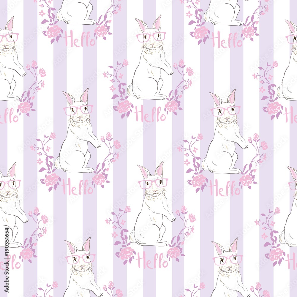 cute seamless pattern with watercolor rabbits. Easter bunnies and dots