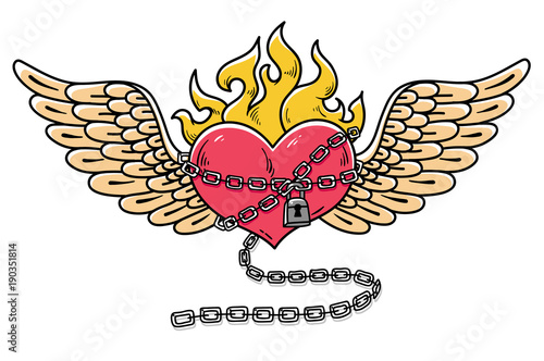 Flying heart in chains of love. Flaming heart tattoo. Loving heart on chain. Tattoo heart flushed with love.