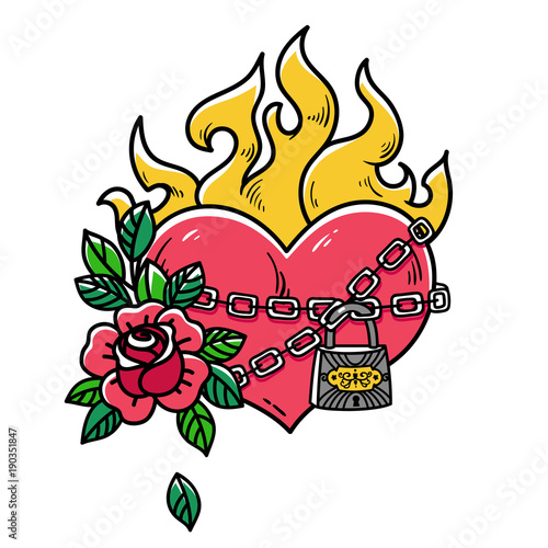 Tattoo flaming heart bound by chains of love. Burning heart with rose. Tattoo heart in fetters of love.Old school styled