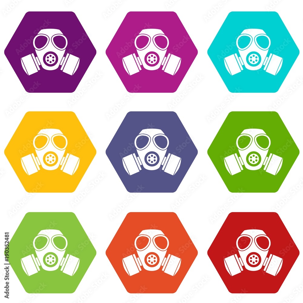 Chemical gas mask icon set color hexahedron Chemical gas mask icon set color hexahedron