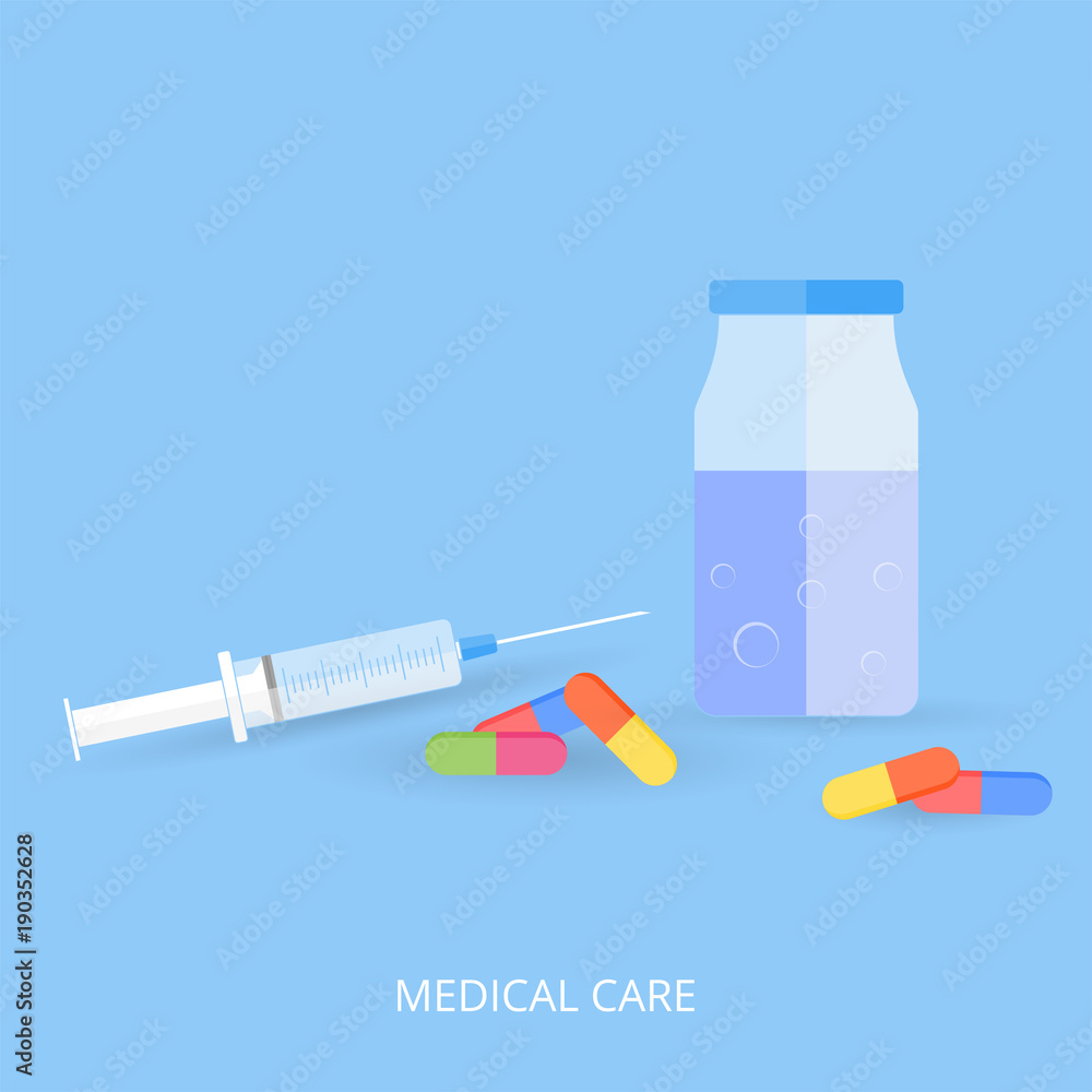Medical syringe, tablets and a jar with blue liquid. Blue background and flat style. Vector illustration Medical syringe, tablets and a jar with blue liquid. Blue background and flat style. Vector illustration