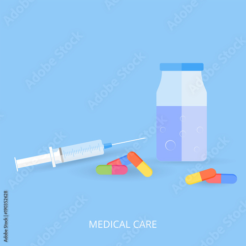 Medical syringe, tablets and a jar with blue liquid. Blue background and flat style. Vector illustration