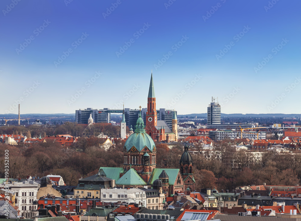Fototapeta premium Top view of Munich and St Luke's Church, Bavaria, Germany