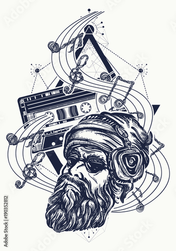 Fashionable bearded man and old audio cassette tattoo. Bearded hipster in earphone listens to music. Symbol of pop music, hard rock, heavy metal, disco t-shirt design