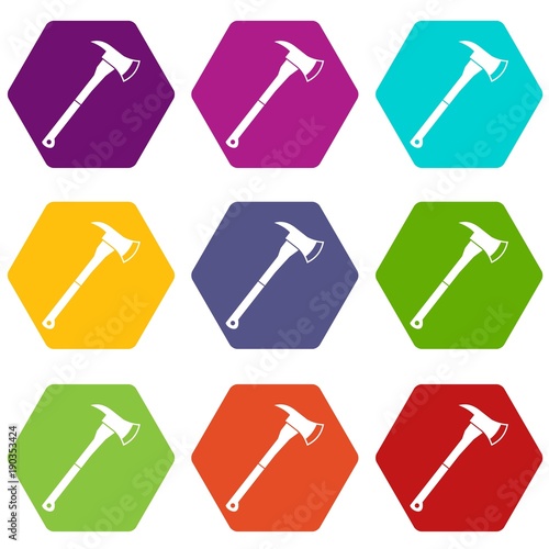 Firefighter axe icon set color hexahedron