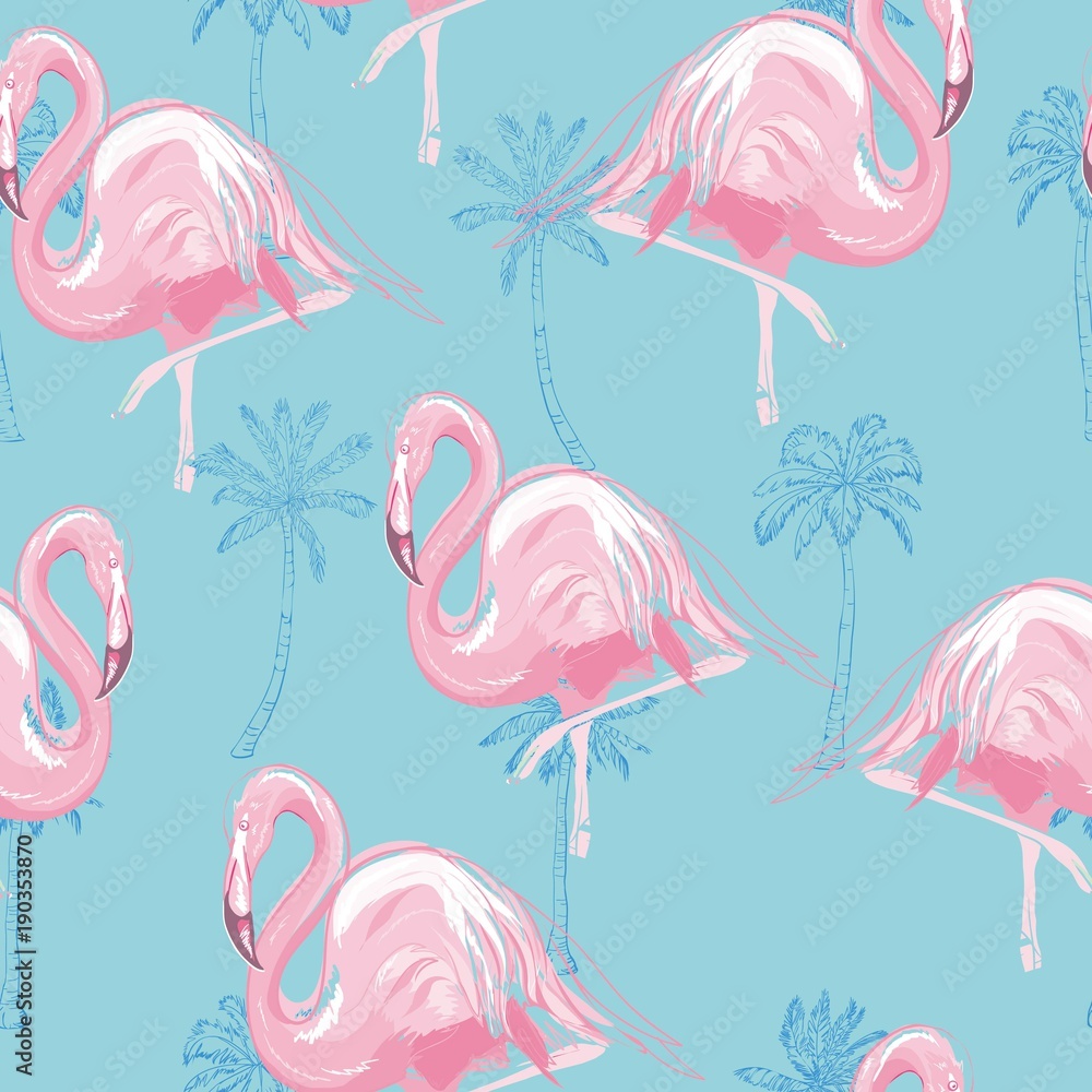 Beautiful seamless vector tropical pattern background with flamingo and hibiscus. Abstract texture, stripes. Perfect for wallpapers, web page backgrounds, surface textures, textile.
