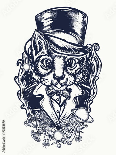 Cat gentleman tattoo and t-shirt design. Fashionable space cat in a retro jacket and art nouveau flowers tattoo