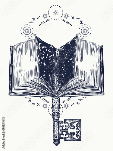 Open magic book and vintage key tattoo and t-shirt design. Books and key to knowledge. Symbol of wisdom, lives and death, education, literatures, poetry, reading. Open book art tattoo