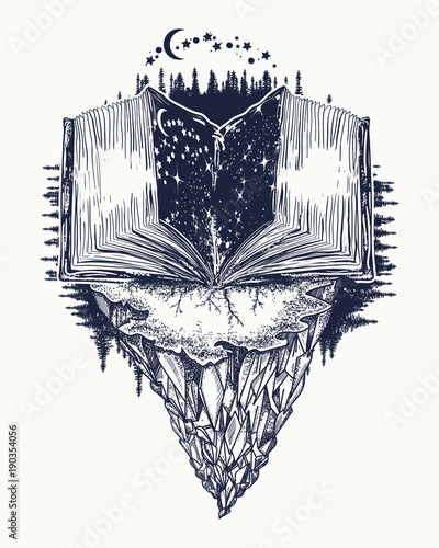 Open book tattoo and t-shirt design. Magic universal book of life on mountain tattoo art. Symbol of wisdom, education, knowledge, literatures, poetry, reading