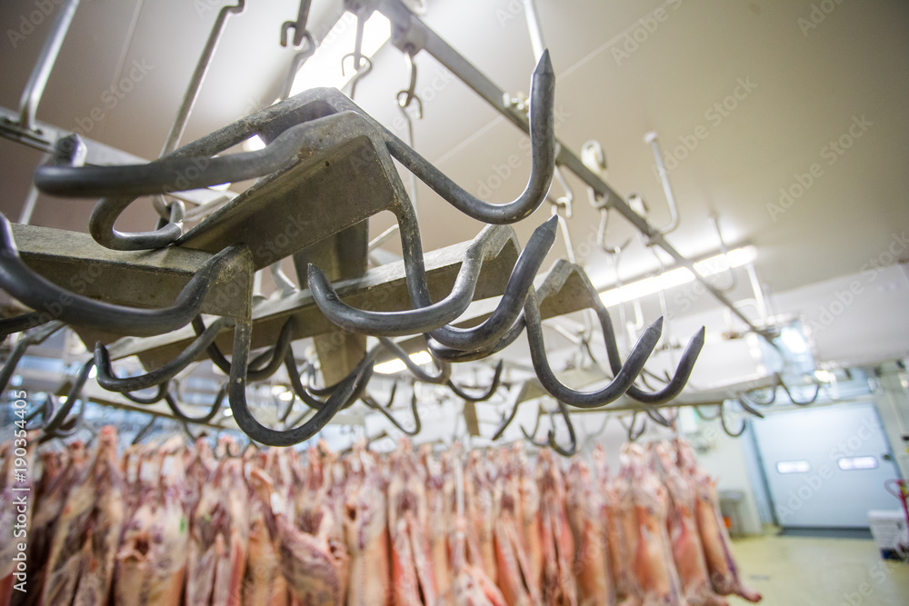 close up image of a meat hooks in a slaughterhouse with mutton