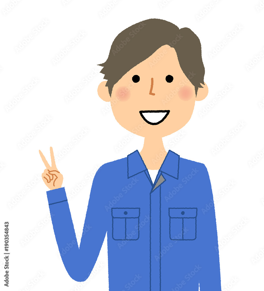 作業服の男性　Vサイン　ピース
