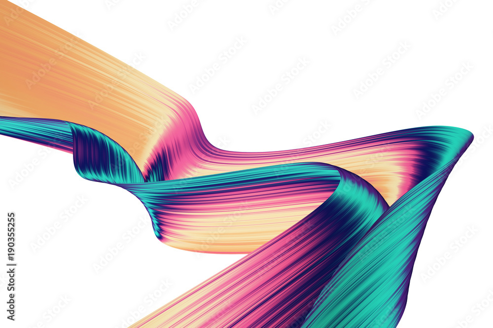 3D render abstract background. Colorful twisted shapes in motion. Computer generated digital art for poster, flyer, banner background or design element. Holographic foil ribbon on white background. - obrazy, fototapety, plakaty 