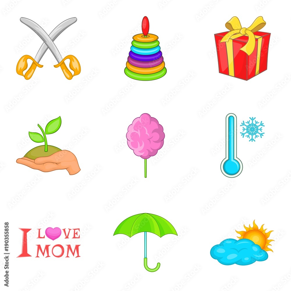 Adolescent icons set, cartoon style Adolescent icons set, cartoon style