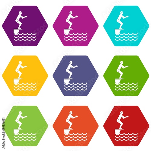 Man standing on springboard icon set color hexahedron