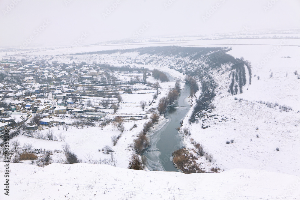 winter in village aerial view