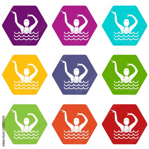 Swimmer in a swimming pool icon set color hexahedron