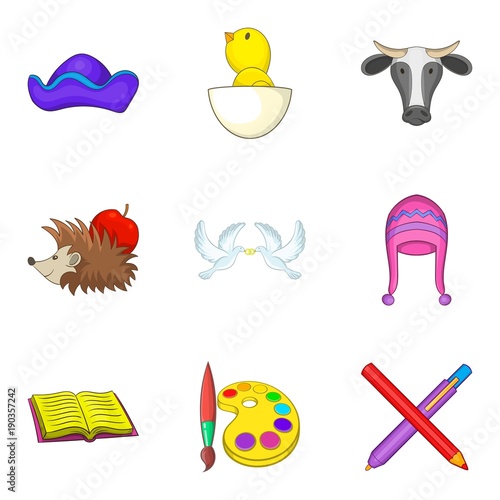 Preschool icons set, cartoon style
