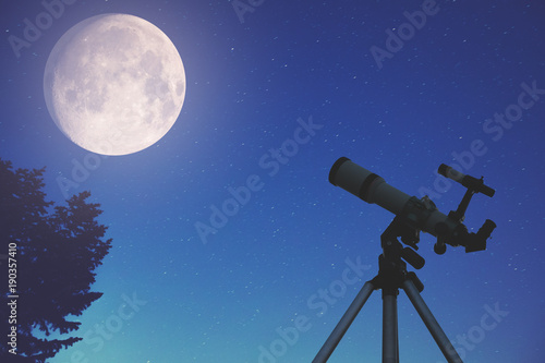 Telescope, Moon, stars and tree silhouette. 