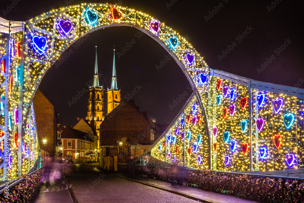 Cathedral of St. John the Baptist in Tumski island at night in Wroclaw, Silesia, Poland