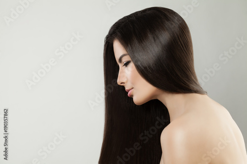 Beautiful Hair Woman for Beauty Salon Background. Young Model Girl with Perfect Hairstyle, Profile