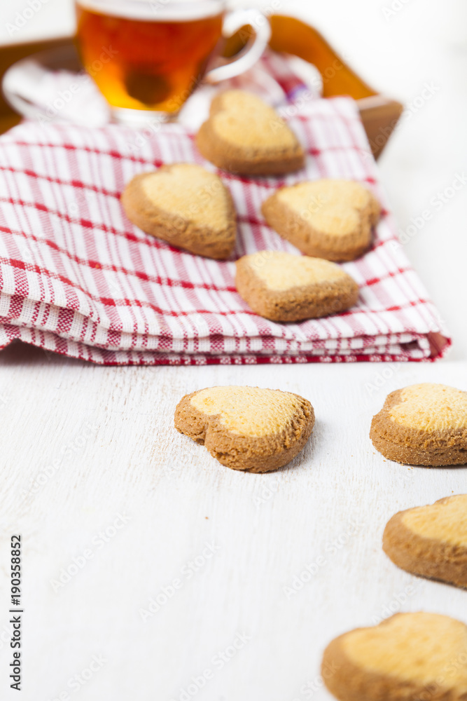 Heart-shaped cookies and tea for St. Valentine's Day. Heart-shaped cookies and tea for St. Valentine's Day.
