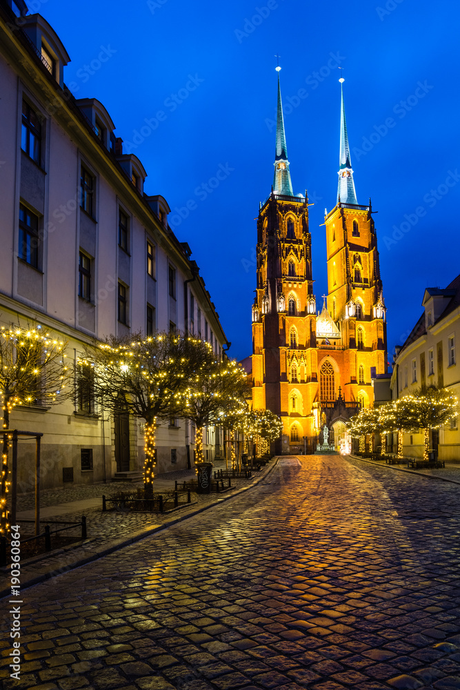 Cathedral of St. John the Baptist in Tumski island at night in Wroclaw, Silesia, Poland