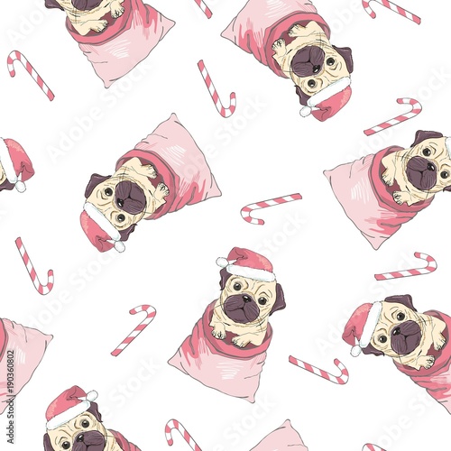 Vector seamless pattern with pug-dog in Santa's hat and traces. Dog - animal symbol of New Year . photo