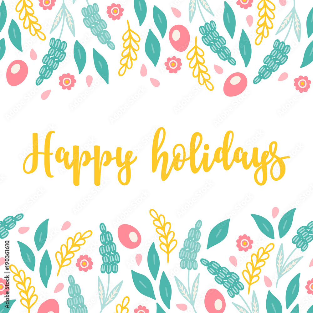 Easter greeting card with seamless floral border - muscari, leaves, eggs Easter greeting card with seamless floral border - muscari, leaves, eggs