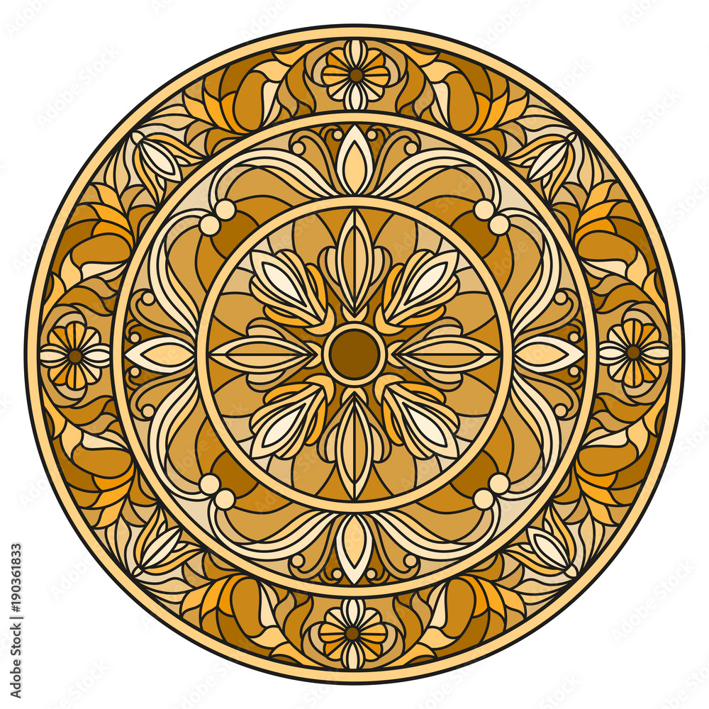 Illustration in stained glass style, round mirror image with floral ornaments and swirls,brown tone ,sepia Illustration in stained glass style, round mirror image with floral ornaments and swirls,brown tone ,sepia
