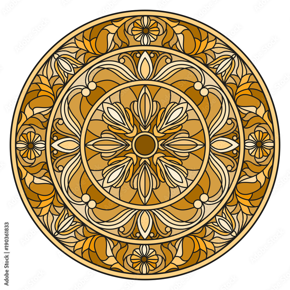 Illustration in stained glass style, round mirror image with floral ornaments and swirls,brown tone ,sepia 