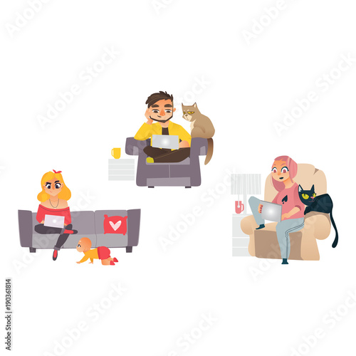 Vector man, girl working from home, remote, freelance work. People sitting at sofa, armchair typing at laptop at knees typing with cat pet, baby toddler near. Isolated illustration, white background
