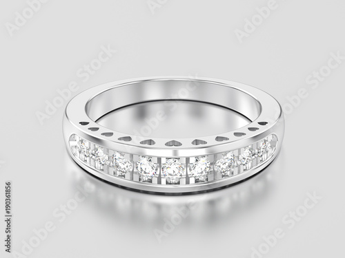 3D illustration white gold or silver decorative diamond ring with hearts ornament