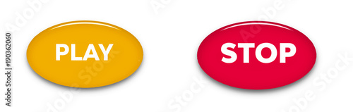 Play and stop word buttons isolated on white background.  White text on color background. Glass ellipse button. Web sign icon. Vector illustration