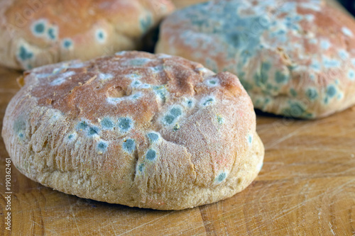 Fotografie Moldy inedible food. Mold on bread rolls.