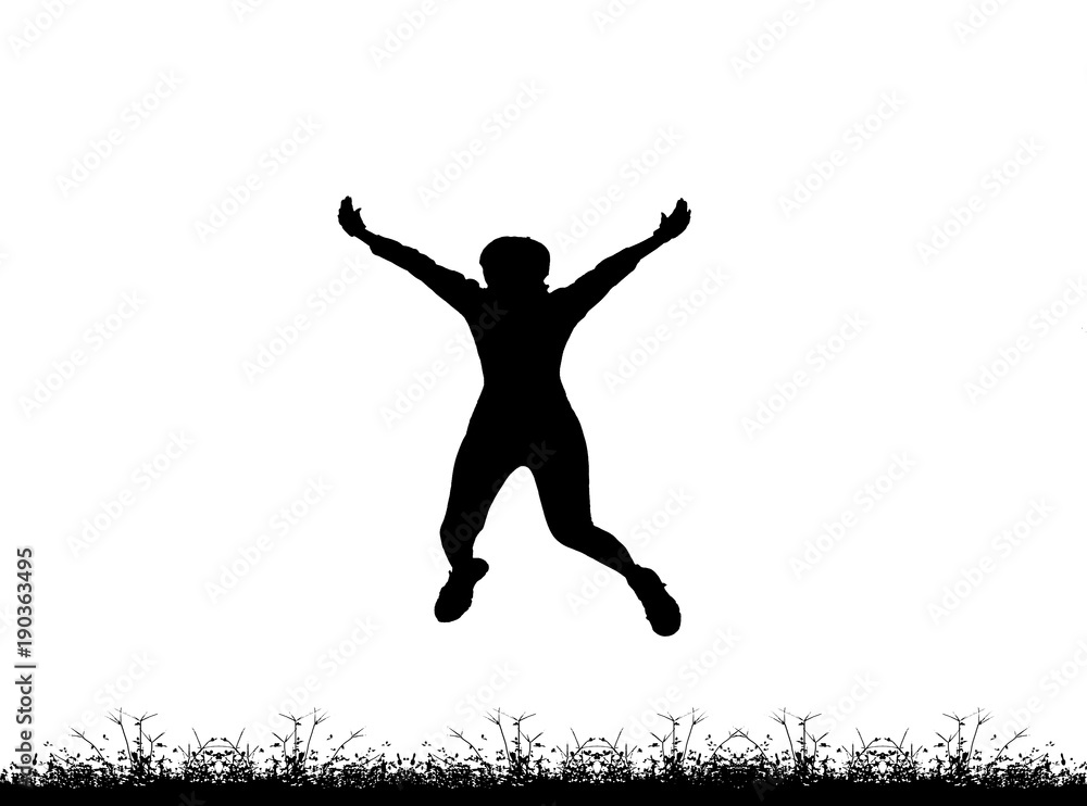 Silhouette woman jumping for joy and happiness on white background.