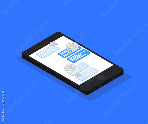 Isometric online chat. Isometric vector illustration. Smart phone with messaging application. 