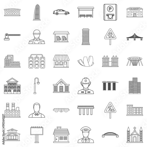 Large city icons set, outline style