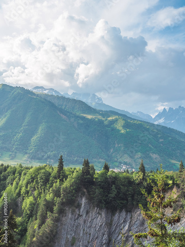 majestic landscape with beautiful scenic mountains and green trees in Georgia