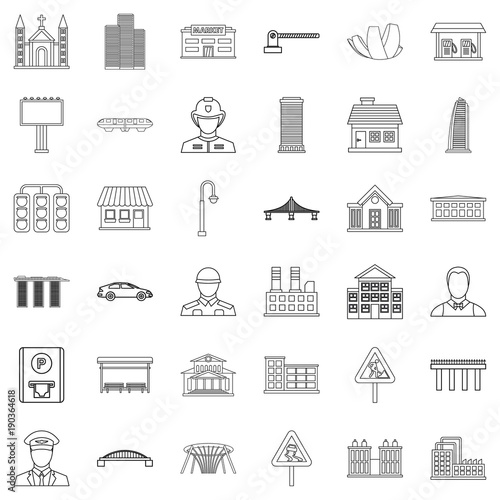 City executive icons set, outline style