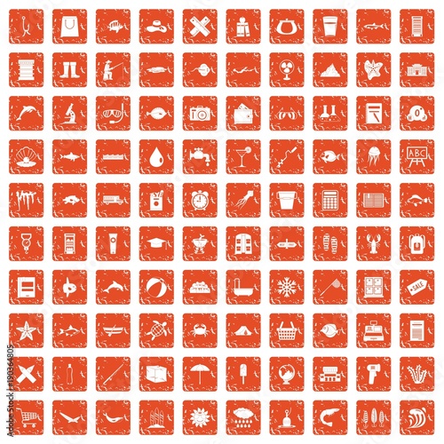 100 fish icons set grunge orange