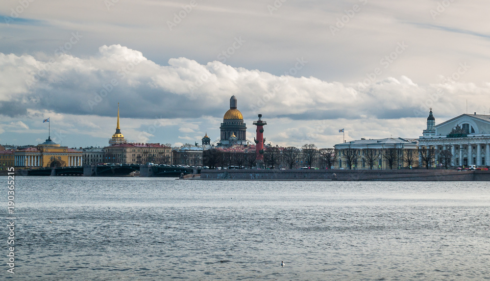 Panorama of the arrow of the Vasilievsky Island on a cloudy April day in St. Petersburg
